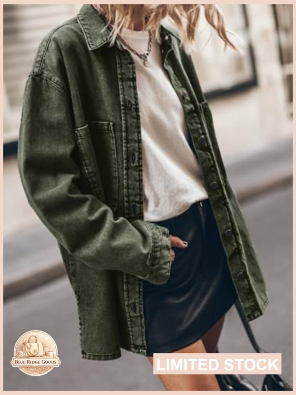 Oversized Denim Jacket Casual Button Up Shacket Long Sleeve Trendy Coat - Picture 2 of 7